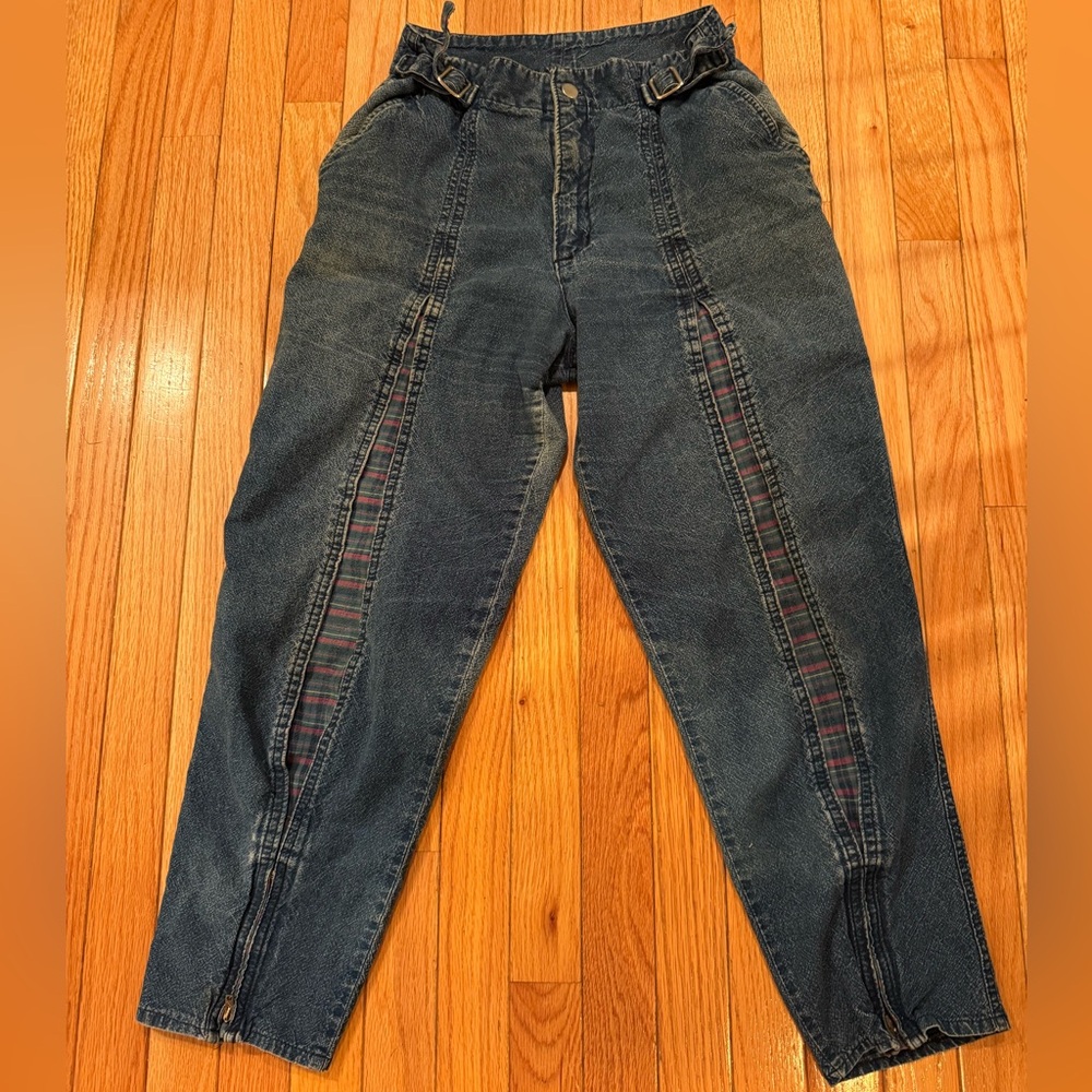 Vintage Plaid Detail Zip Bottom Adj Strap Blue Women's Jeans grunge steampunk